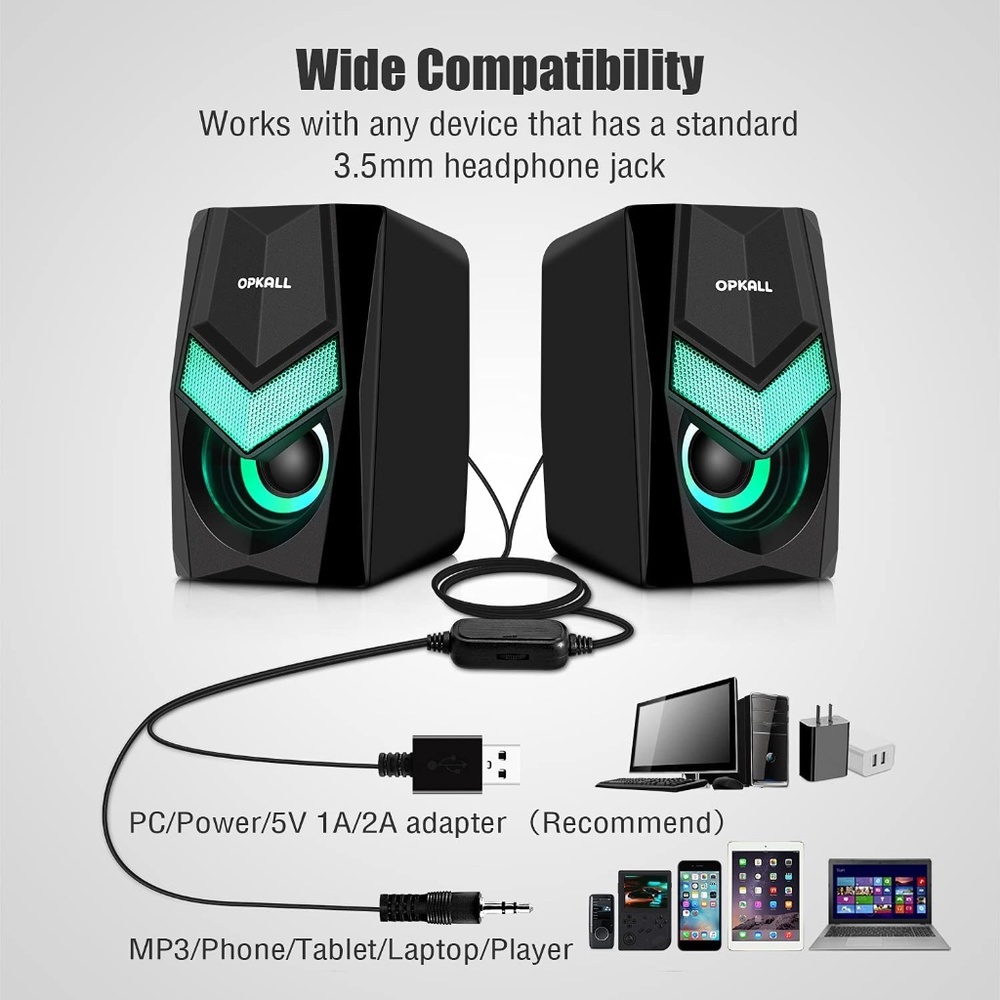 OPKALL Mini Colorful LED Light Computer Speaker, USB, 3.5mm Cable - Picture 3 of 8